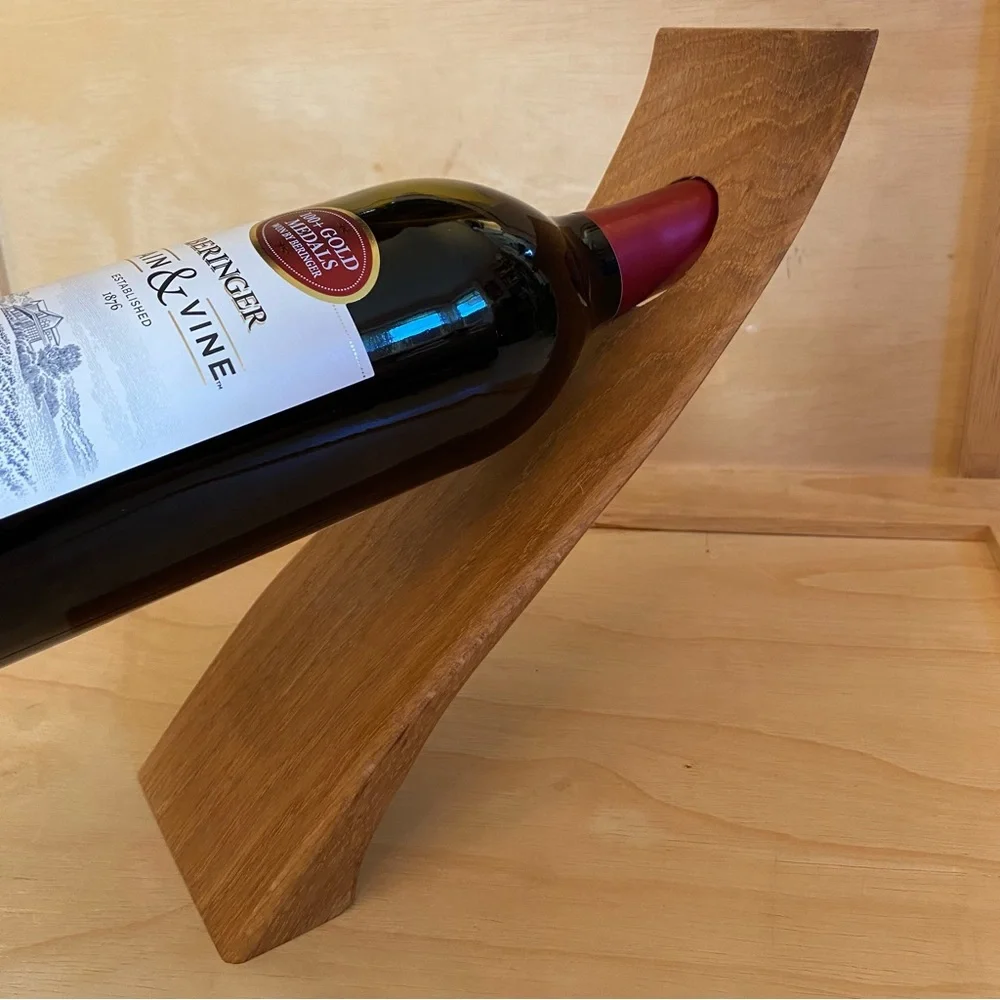 Curved Sleek Sculptural Modern Carved Wood Counter Balance Wine Bottle Holder